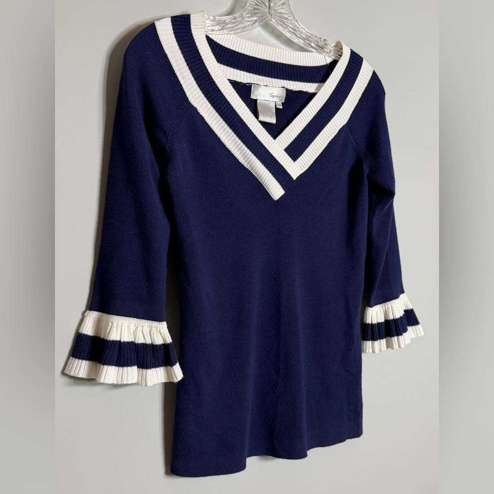 Spiegel Navy and Cream V-Neck Sweater Size Small